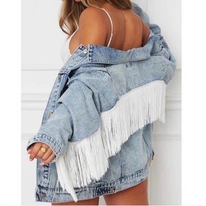 NWT VIGOSS denim fringe jacket size XS western rodeo bobo cowgirl blue white